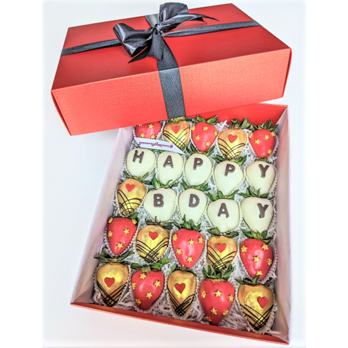 25pcs Red & Gold "HAPPY BDAY" Chocolate Strawberries Gift Box